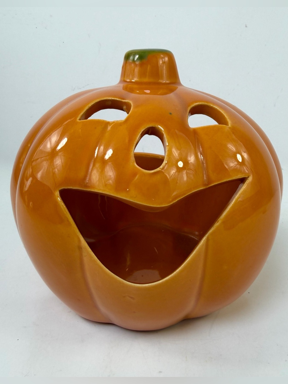 Vintage Ceramic Jack O Lantern Candy Bowl Planter Halloween Pumpkin 6.5” Glazed - Picture 2 of 10